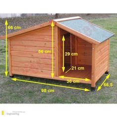 a small wooden shed with measurements for the roof and side walls, shown in green grass