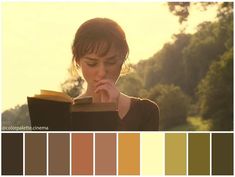 a woman reading a book in front of trees with color swatches to match her hair