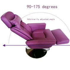 a purple reclining chair with measurements for the seat and foot rest on top of it