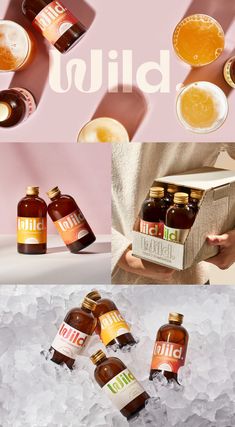 a collage of photos with different types of drinks in bottles and on top of ice