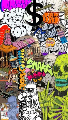 a collage of various graffiti images including a dollar sign, skull and other items