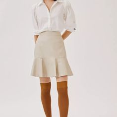 Anthro Porridge Flounced Faux Leather Mini Skirt Description: Faux Leather Skirt In Neutral Cream With Flounced Skirt. Perfect With Boots. Flounced Hem. Back Zip. Size: L Color: Beige/Cream Material: Polyurethane, Cotton, Polyester; Polyester, Spandex Lining Waist: ~ 16 Inches Length: ~ 19.5 Inches Flounced Skirt, Faux Leather Mini Skirt, Anthropologie Skirt, Leather Mini Skirt, Hem Skirt, Faux Leather Skirt, Leather Mini Skirts, Leather Mini, Polyester Spandex