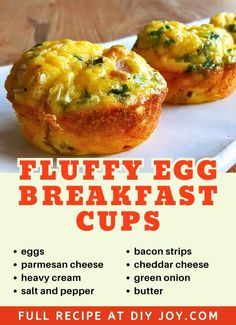 an advertisement for fluffy egg breakfast cups on a plate