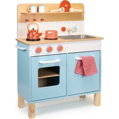 a wooden toy kitchen with blue cabinets and white counter tops, tea kettles on the stove