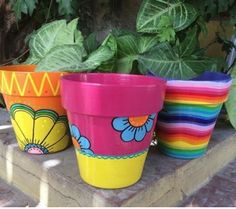 three colorful flower pots sitting next to each other on a stone ledge with plants in the background