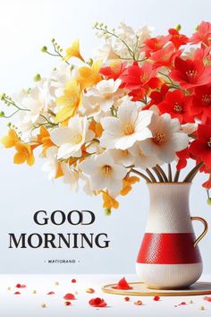 a vase filled with white and red flowers on top of a wooden table next to confetti