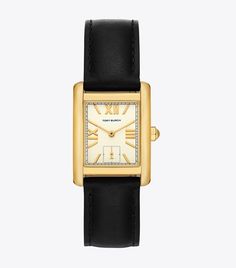 Eleanor Watch, Leather/Gold-Tone Stainless Steel: Women's Designer Strap Watches | Tory Burch Dainty Watches For Women, Tory Burch Watch, Lee Radziwill, Womens Designer Watches, Tank Watch, Designer Watches, Leather Strap Watch, Wallet Accessories, Handbag Shoes