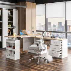 an office with a desk, chair and bookcase in front of large windows overlooking the city