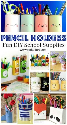 pencil holders are made from paper and have faces drawn on them, with the words fun diy school supplies