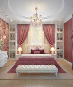 a bedroom decorated in pink and white with a chandelier