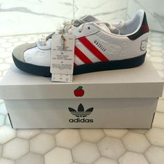 Brand New, Still In Box, Red, Black And White With Hello Kitty Details. Hello Kitty Adidas, Gazelle Shoes, Hello Kitty Shoes, Shoe Wishlist, School Clothes, Birthday Board, Shoes Adidas, Adidas X, Red Adidas