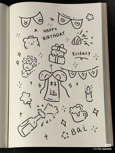 an open birthday book with doodles on the pages and decorations around it in black ink