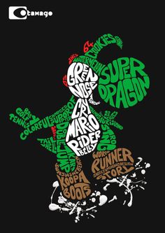 a poster with the words super mario and other characters in green, black, white and red