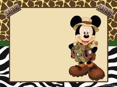 a mickey mouse is holding a camera in front of a giraffe print background