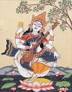 Goddess Of Music, Saraswati Painting, Folk Art Paintings, Kerala Mural Painting, Vedic Art, Madhubani Art