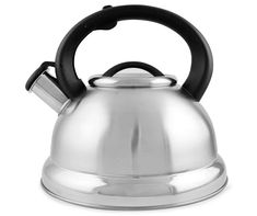 a stainless steel tea kettle on a white background