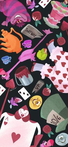 a black background with lots of different items on it, including cats and other things