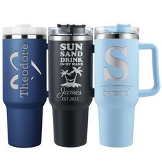 three personalized travel mugs with the same color and logo as well as their names