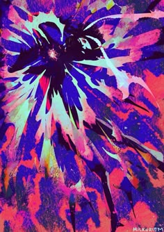 an abstract painting of a purple flower with pink, blue and yellow petals on it