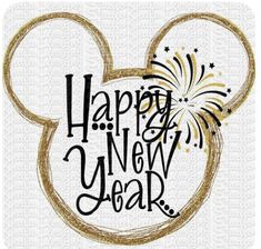 a mickey mouse head with the words happy new year written in gold and black ink