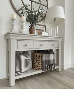 grey console table Painted Console Table, Hallway Table Decor, Rustic Entryway Table, Large Console Table, Cornforth White, White Console Table, Console Table Styling, Oak Console Table