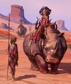 a woman riding on the back of an elephant next to a man in a red outfit