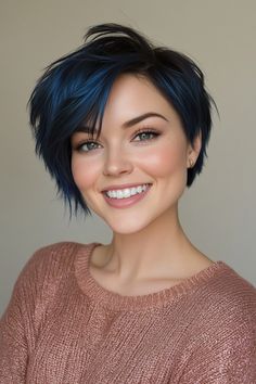 Click for More ➡️ | Save for Later ❤️  This style starts with deep midnight blue at the roots, fading into a lighter blue. It’s dreamy, daring, and utterly divine. (Midnight Blue Fade - Short Hairstyles For Women) Short Indigo Hair, Dark Blue Hair Short, Midnight Blue Short Hair, Dark Blue Short Hair, Midnight Blue Hair Short, Short Blue Hair Bob, Blue Pixie Cut, Deep Blue Hair, Midnight Blue Hair