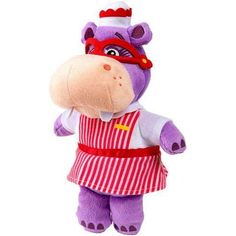 a purple stuffed animal wearing a red and white apron