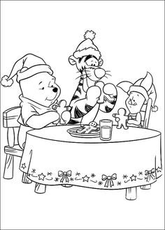 winnie the pooh and tigger sitting at a table with christmas decorations on it