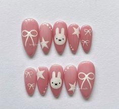 Nails With Bunnies, Pink Bunny Nails, Miffy Nail Art, Bunnies Nails, Uñas Cute, Rabbit Nails, Miffy Nails, Bunny Nail Art, Belle Nails