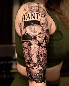 a woman's arm with an image of the characters on it, and text that reads