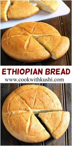 an image of ethiopian bread being cut into pieces and placed on a cutting board with text overlay