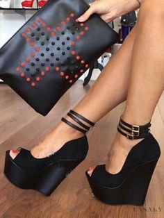 Lasaky - Stylish Womens Suede Peep Toe Wedge Pumps with Ankle Strap in Black Heels With Ankle Strap, Peep Toe Wedge Sandals, High Heels Classy, Black Platform Heels, Black Leather Wedges, Platform Wedge Heels, Heels Classy, Ankle Strap Wedges, Strap Wedge