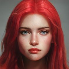 a woman with red hair and blue eyes is looking at the camera while posing for a portrait