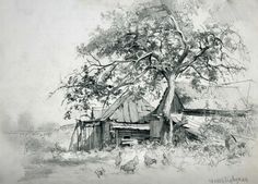 a drawing of an old barn and tree