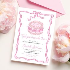 a pink and white birthday card with a cupcake on it next to peonies