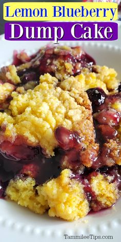 crockpot lemon blueberry dump cake on a white plate with text overlay