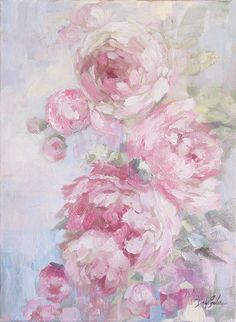 a painting of pink flowers on a blue and white background with the words debby coule's above it