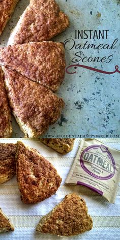 an image of some food that is cut in half and placed on a table with the words instant oatmeal scones