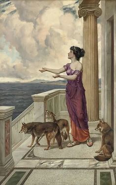 a painting of a woman standing on a balcony with her hands out to some dogs