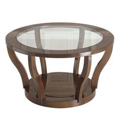 a glass and wood coffee table with an oval shaped design on the top, against a white background