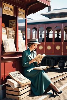 a woman sitting on a train platform reading a book