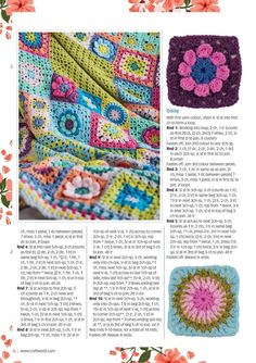 an article in the magazine about crochet with pictures of flowers and grannys