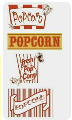 popcorn, fresh pop corn and popcorn on a white background with the word popcorn above it