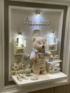 a teddy bear sitting on top of a shelf