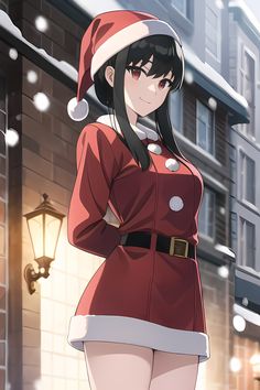 a woman in a red dress and santa hat is standing on the street with her hands behind her back