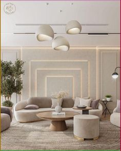 an elegant living room with white walls and round couches in the center, surrounded by modern furniture