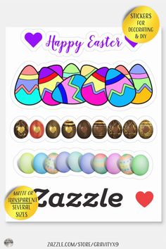 the happy easter sticker is shown in different colors and sizes, with an assortment of eggs