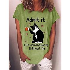 Category:T-shirt; Fabric:Cotton Blend,100% Cotton; Sleeve Length:Short Sleeve; Look After Me:Machine wash,Washable,Wet and Dry Cleaning; Gender:Women's; Theme:Cat,Painting; Style:Basic,Funny; Elasticity:Micro-elastic; Tops Type:T Shirt; Occasion:Weekend,Daily; Top Length:Regular Tops; Fit Type:Regular Fit; Pattern:Text,Cat; Design:Print; Neckline:Round Neck; Listing Date:03/13/2023; Bust:; Length:null; Sleeve:null; Fit US Size:null; Fit UK Size:null; Fit EU Size:null; Print Type:Hot Stamping Cats Drinking Coffee, Cat Text, Blue Color Combinations, Better Mom, Loungewear Fashion, Shirt Bodysuit, Mom Cat, Cat Drinking, Short Humor