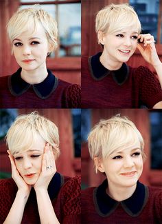 Carey Mulligan. Kort Bob, Pixie Haircut For Round Faces, Long Pixie Hairstyles, Carey Mulligan, Long Pixie, Popular Haircuts, Short Blonde, Blonde Pixie, Short Blonde Hair